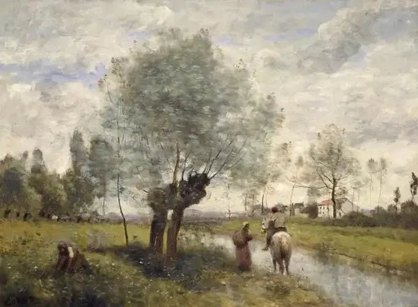 Coubron. Cavalier som rider på en väg nära en pil. - Jean-Baptiste Camille Corot