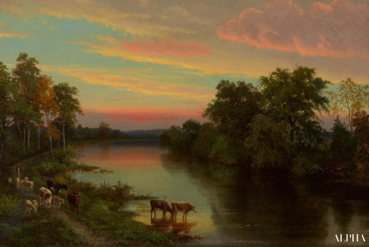 Coucher de soleil avec des vaches - John Frederick Kensett - Reproductions de tableaux et peintures haut de gamme