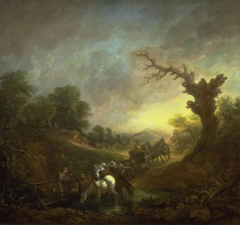 Solnedgång: Draghästar som dricker vid en bäck - Thomas Gainsborough
