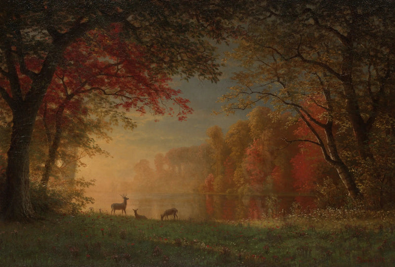 Indisk solnedgång: älg vid en sjökant - Albert Bierstadt