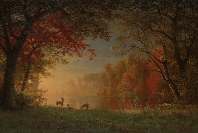 Indisk solnedgång: älg vid en sjökant - Albert Bierstadt