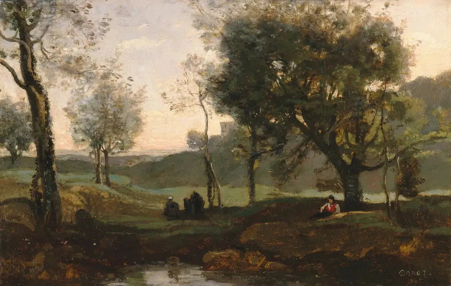 Solnedgång: personer under träden - Jean-Baptiste Camille Corot