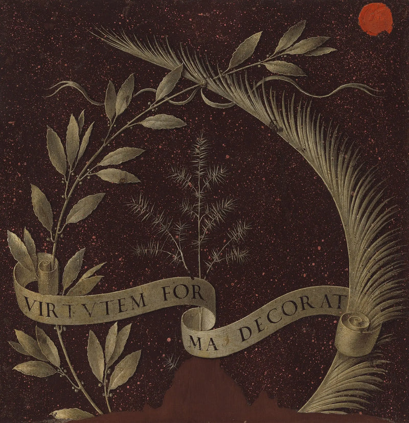 Lagerkrans av lager, palm och enbär med ett pergament som bär inskriptionen Virtutem Forma Decorat [baksidan] - Leonardo da Vinci