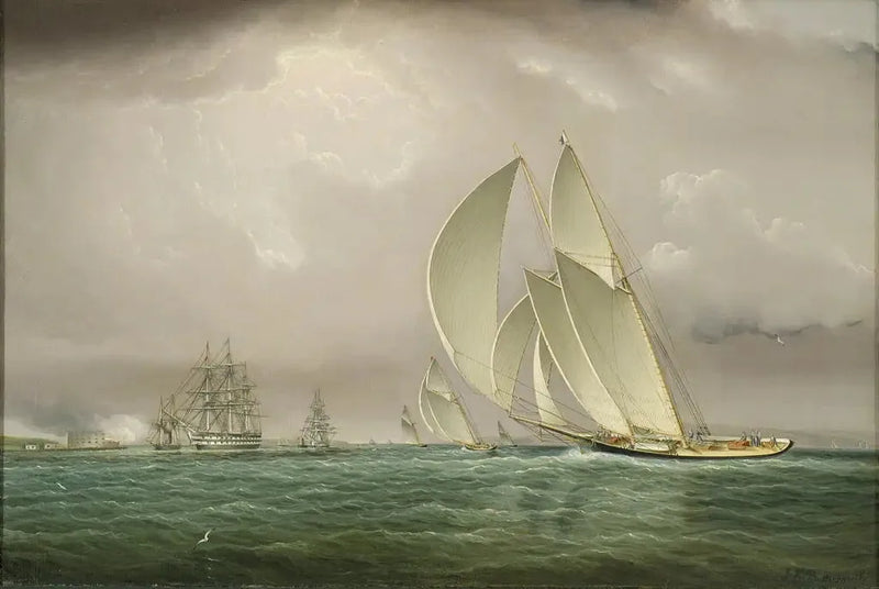 Yachtregatta i New Yorks hamn med flott salut vid William Castle på Gouverneurön - James E. Buttersworth