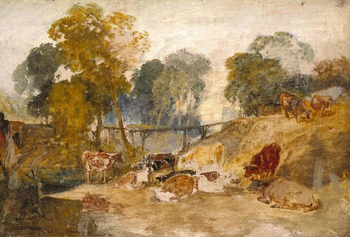 Cows in a Landscape with a Footbridge - J. M. W. Turner image 1 tableau peint à l’huile sur toile