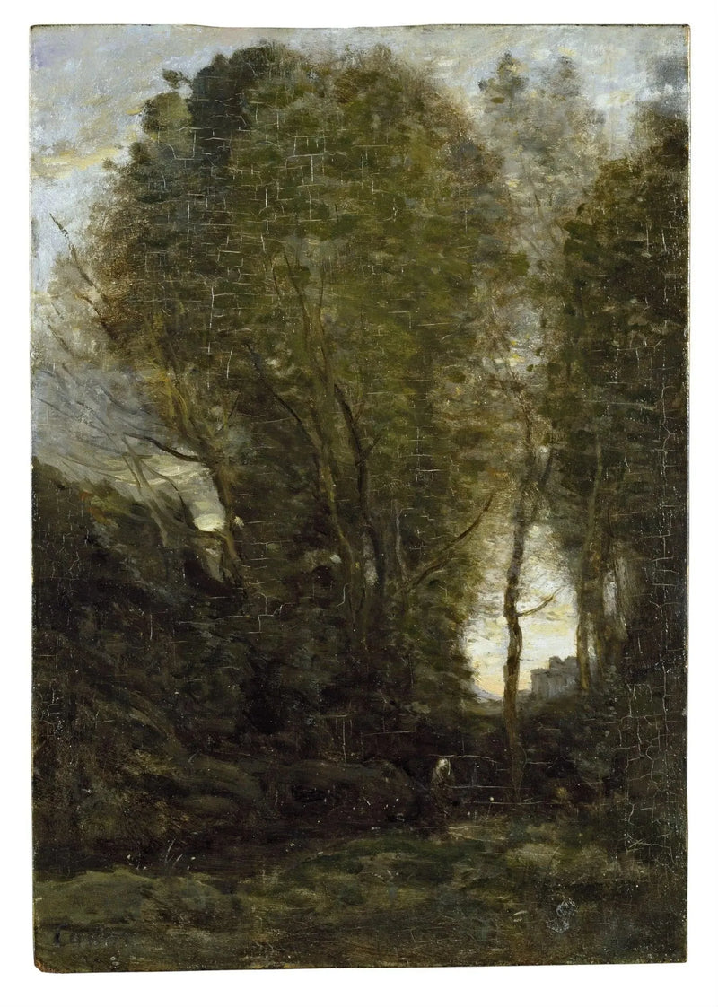 Skymning: Landskap med stora träd och en kvinnlig figur - Jean-Baptiste Camille Corot