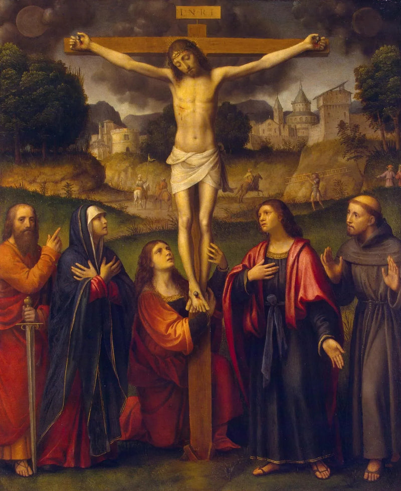korsfästelse med jungfru Maria och helgonen Paulus, Maria Magdalena, Johannes och Franciskus - Bernardino Luini