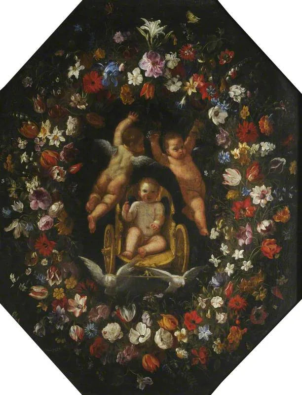 Cupidon i en vagn, omgiven av en blomkrans - Domenichino
