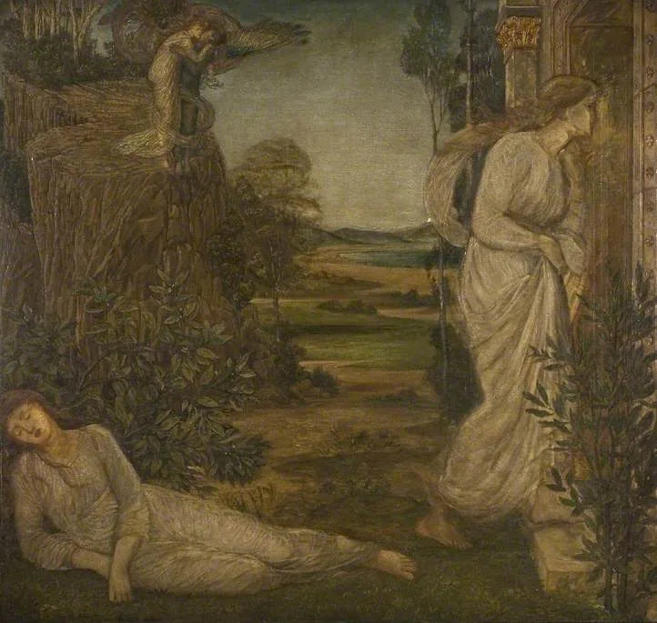 Cupidon och Psyche - Gröna väggmålningar i palatset - Edward Burne-Jones