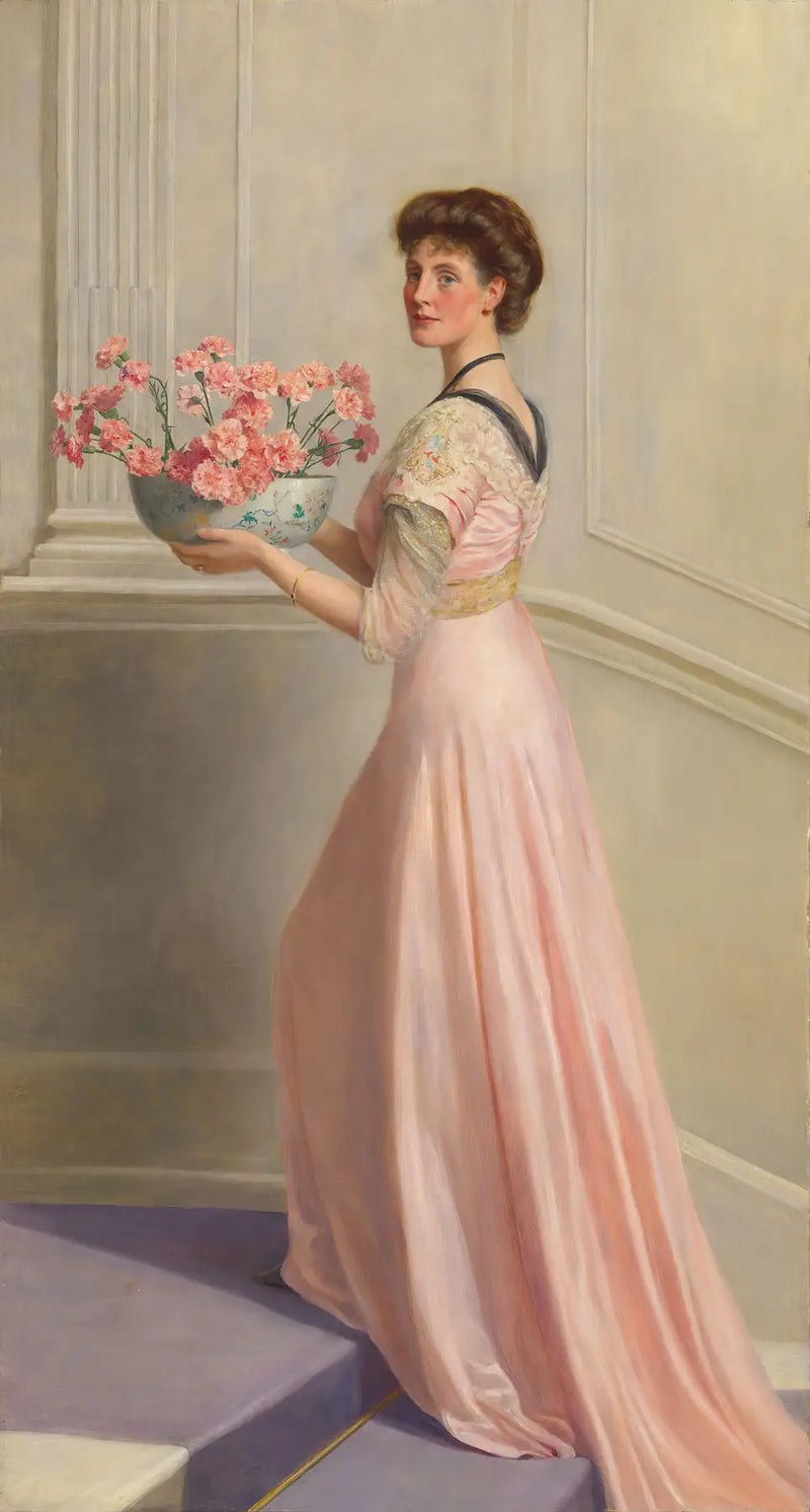 Dame med en skål av rosa nejlikor - John Collier