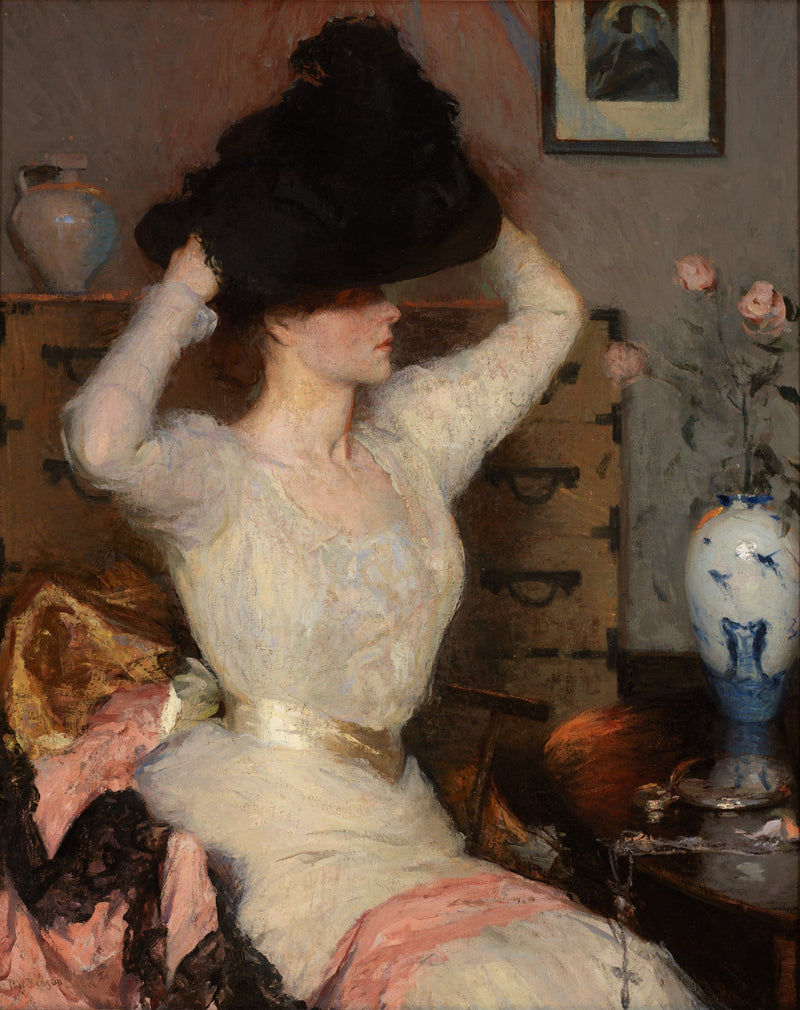 Dame som provar en hatt (Den svarta hatten) - Frank Weston Benson