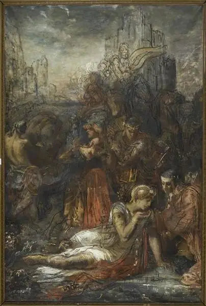 Darius, flyende efter slaget vid Arbelles, stannar, utmattad av trötthet, för att dricka i en pöl - Gustave Moreau