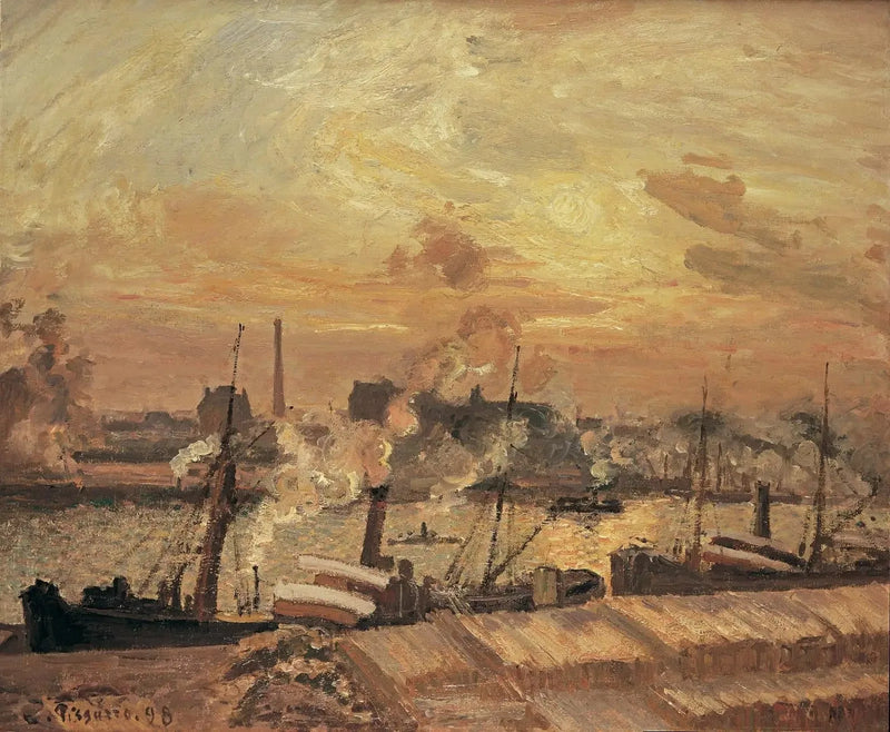 Avlastning av trä, Börstorg, solnedgång - Camille Pissarro