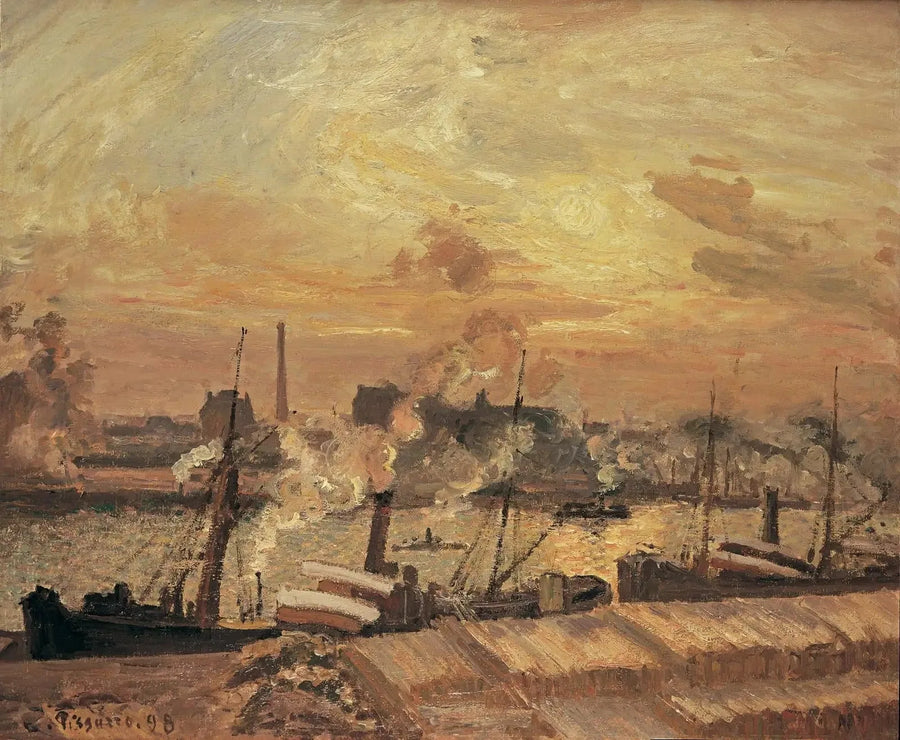 Avlastning av trä, Börstorg, solnedgång - Camille Pissarro