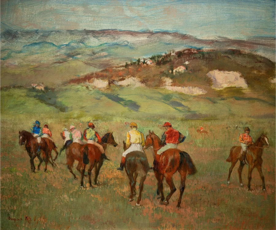 Ryttare på hästar framför de avlägsna kullarna - Edgar Degas