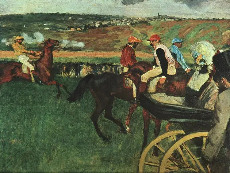 Hästkapplöpningsfältet. Amatörjockeys nära en bil - Edgar Degas