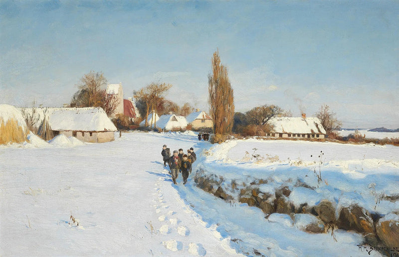Skolbarn går i snön under en solig vinterdag. - H. A. Brendekilde