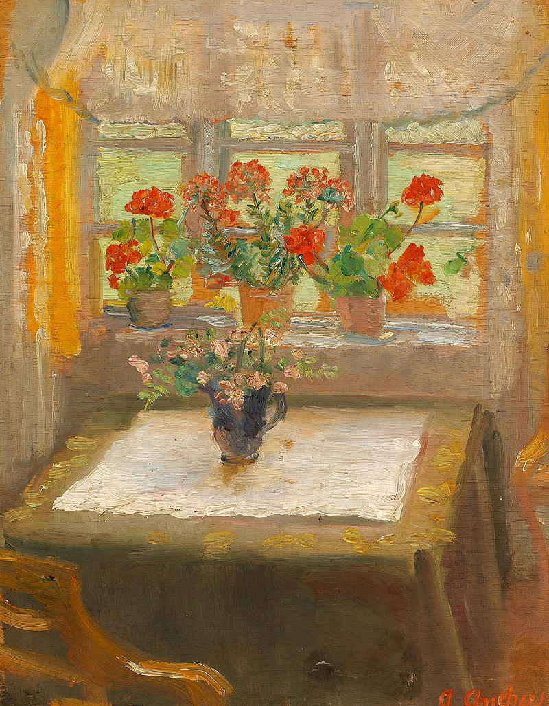 Blommor vid fönstret i det lilla vardagsrummet riktat mot norr. - Anna Ancher