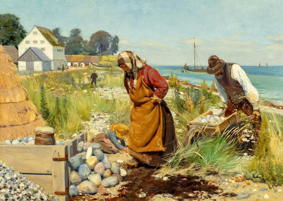 Folk skär bort vrak nära en strand i Stevns, Danmark. - H. A. Brendekilde