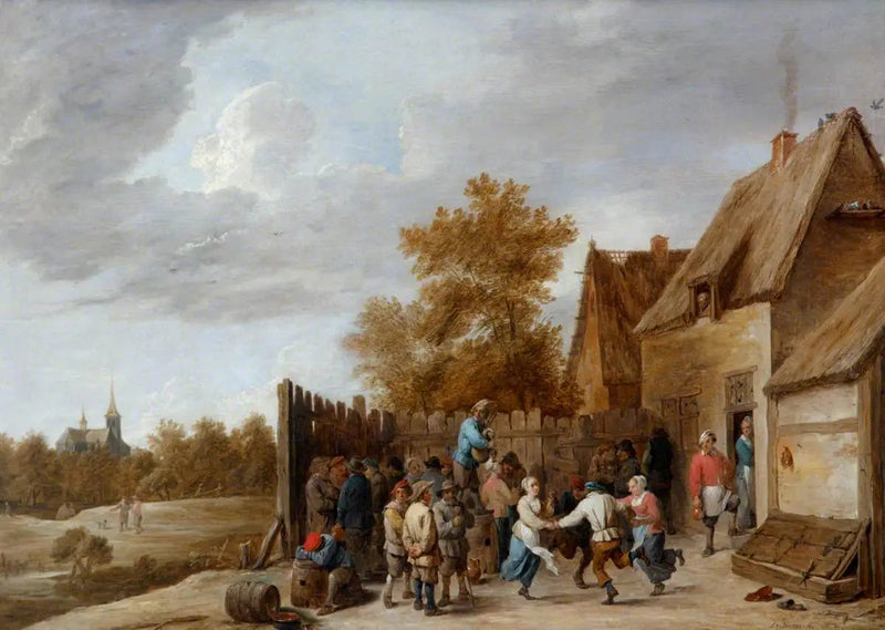 Bönder dansar framför en taverna, med en landsbykyrka i fjärran - David Teniers den yngre