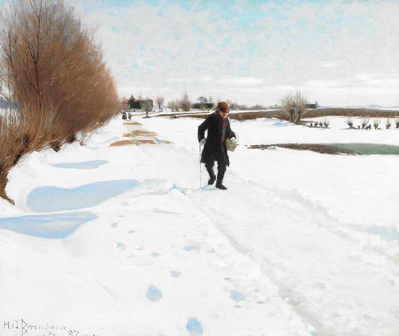 Människor som går på en snöig väg. - H. A. Brendekilde