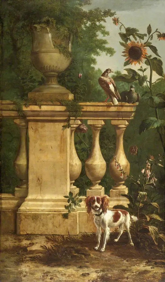 Duvor och en hund i en trädgård - Melchior de Hondecoeter