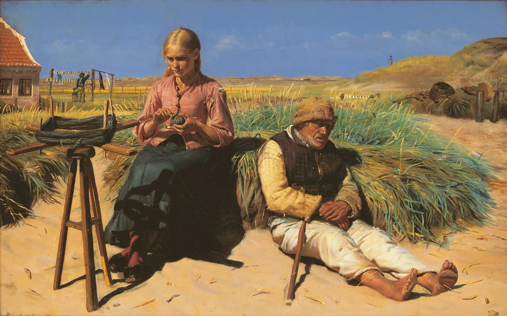 Des silhouettes dans un paysage. Kristian l'aveugle et Tine parmi les dunes. - Michael Peter Ancher image 1 reproduction de peinture à l’huile
