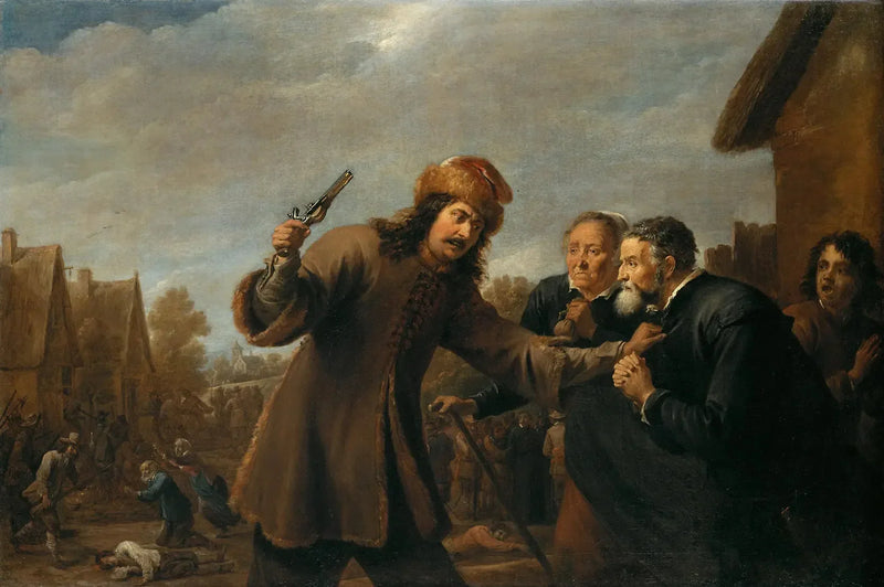 Soldater attackerar en by - David Teniers den yngre