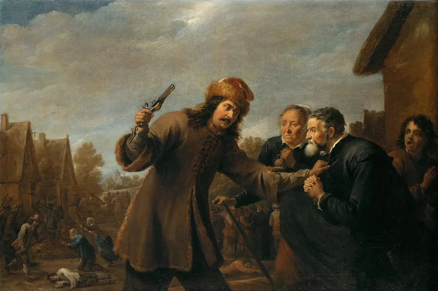 Soldater attackerar en by - David Teniers den yngre