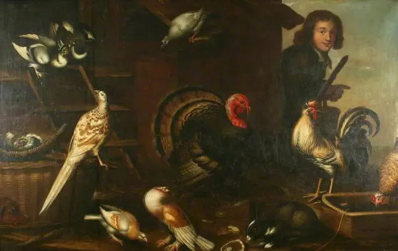 Ett hushållsduvor och en man - Melchior de Hondecoeter