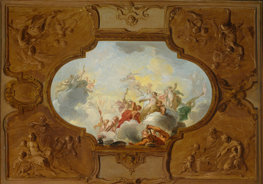 Dessin pour une pièce de plafond avec l'apothéose d'Énée, les quatre saisons en brunaille dans les coins - Jacob de Wit