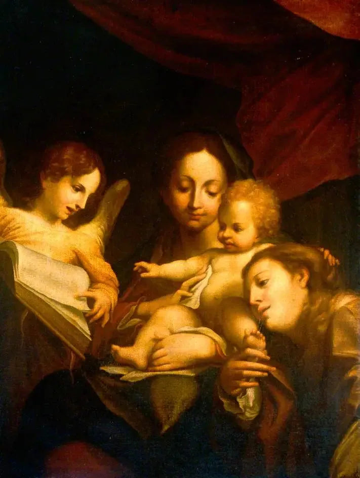 Detalj av Madonna med helige Jerome och Maria Magdalena (Il Giorno) - Antonio da Correggio