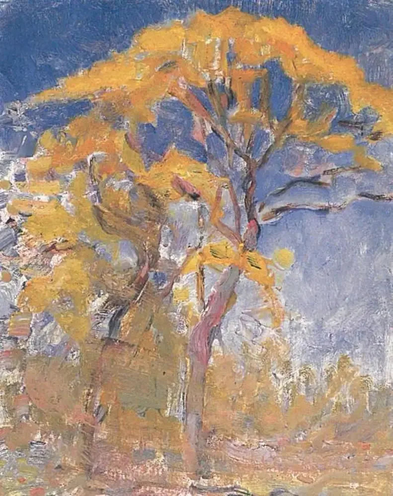 Två träd med orange löv mot den blå himlen - Piet Mondrian