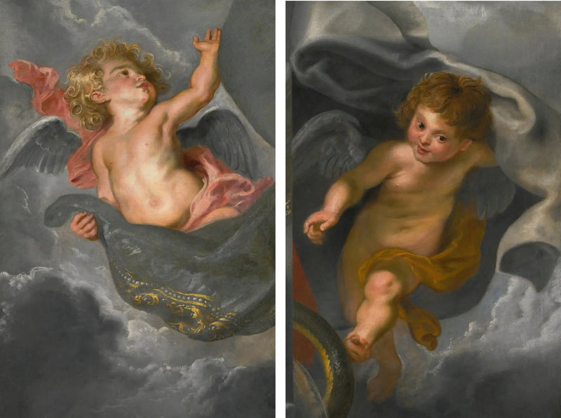 Två keruber som håller draperier - Peter Paul Rubens