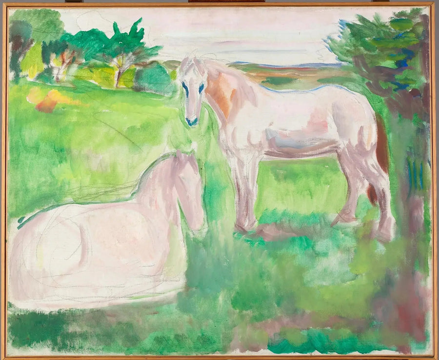 Två vita hästar i en grön äng - Edvard Munch