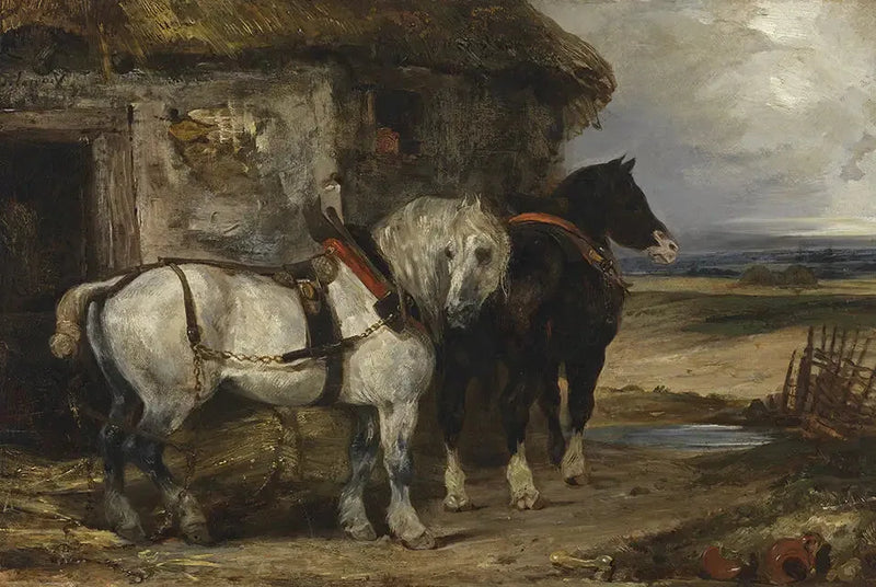 Två hästar framför en lada - Eugène Delacroix