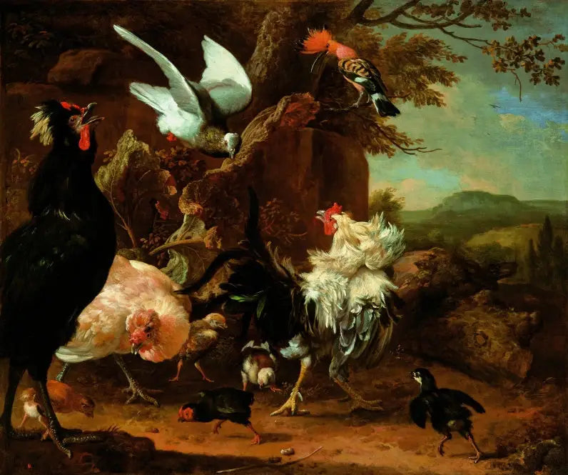 Två tuppar, en höna och kycklingar med en duva och en huppe. - Melchior de Hondecoeter