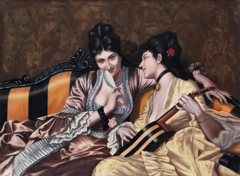 Två damer på en soffa - Luis Ricardo Falero