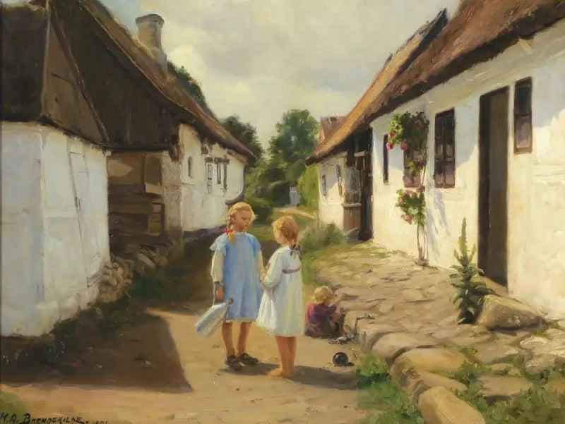 Två barn på en gata i en by - H. A. Brendekilde