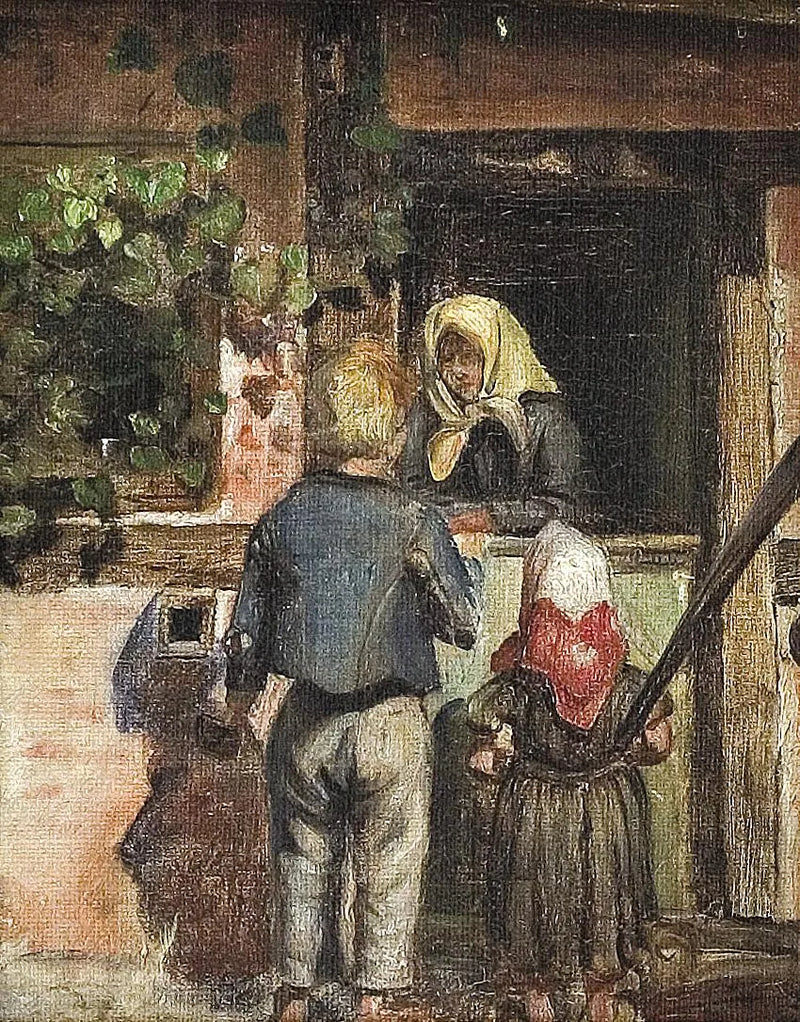 Två barn och en gammal kvinna står framför en dörr. - Anna Ancher