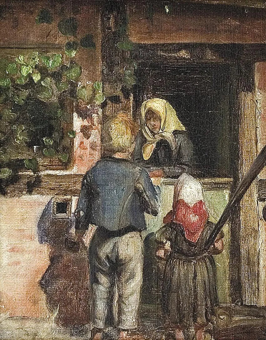 Två barn och en gammal kvinna står framför en dörr. - Anna Ancher