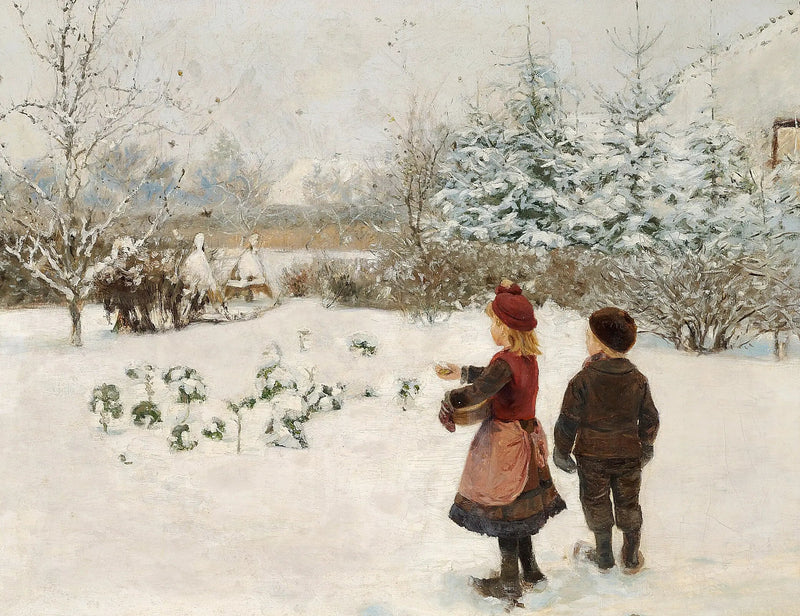 Två barn matar fåglar i snön. - H. A. Brendekilde