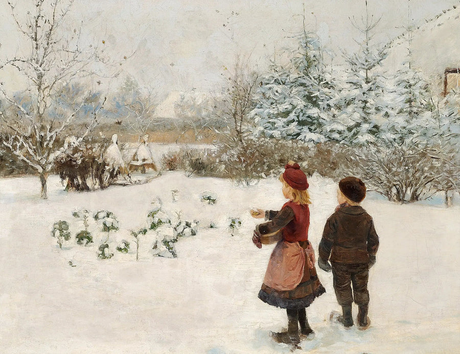 Två barn matar fåglar i snön. - H. A. Brendekilde