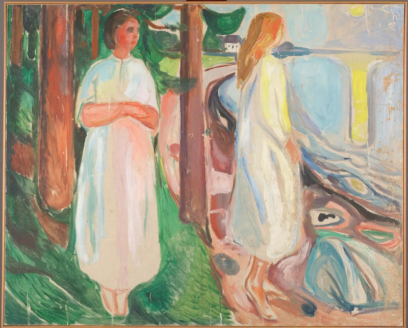 Två kvinnor i vitt på stranden - Edvard Munch