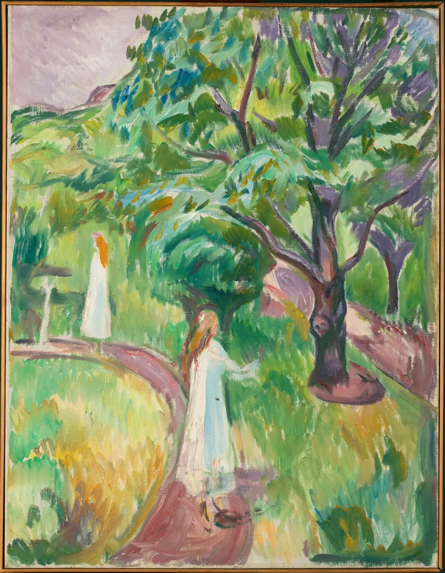 Två kvinnor i vita klänningar i trädgården - Edvard Munch