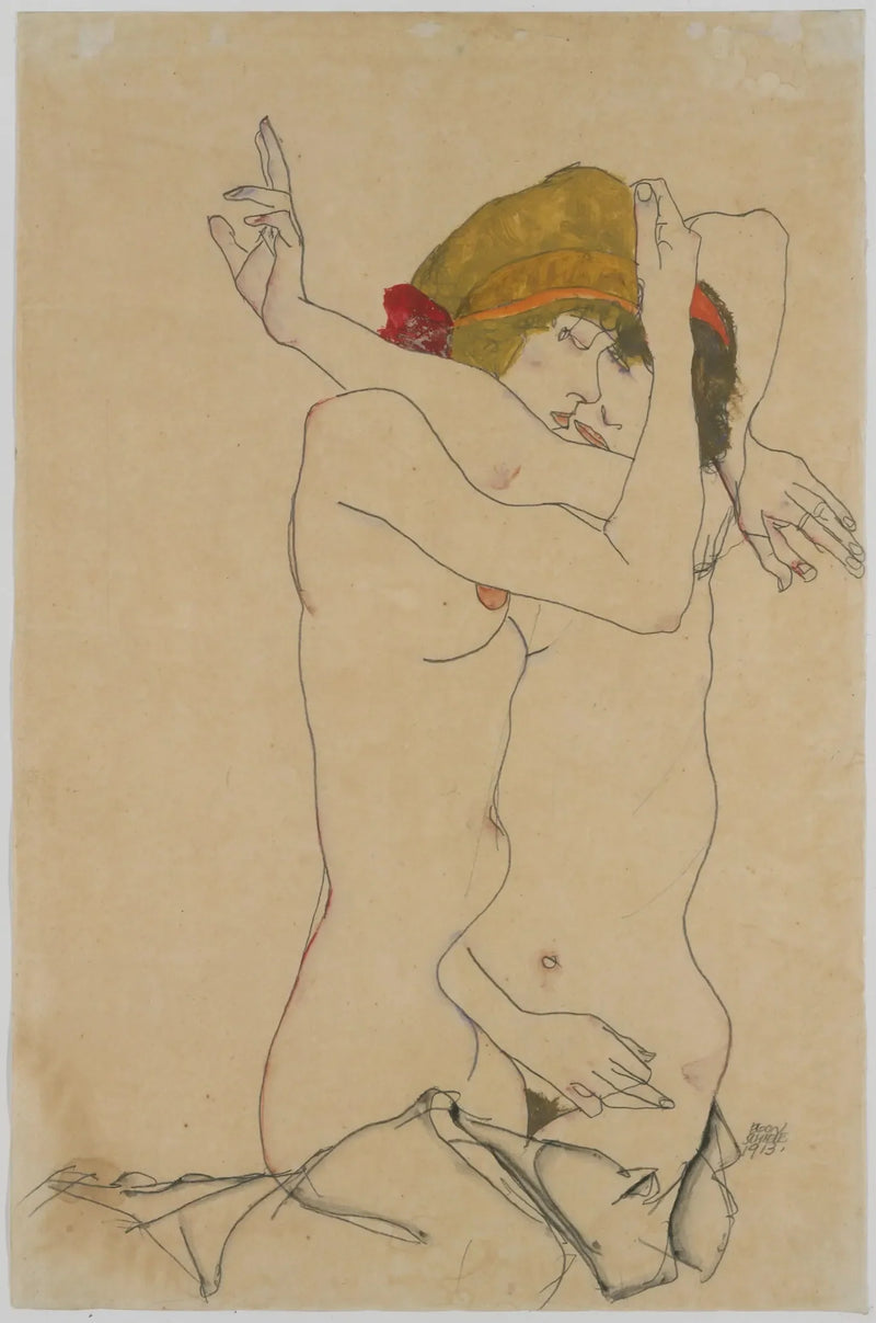 Två kvinnor som kysser varandra - Egon Schiele