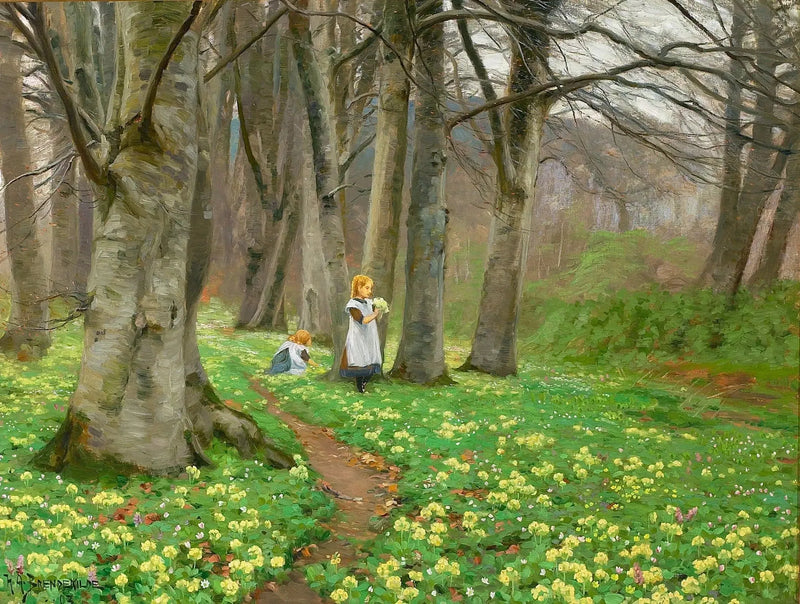 Två flickor plockar blommor i en skog på våren. - H. A. Brendekilde