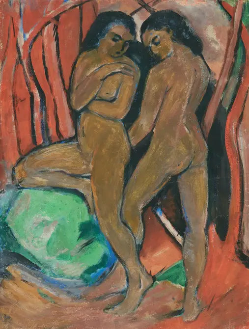 Två nakna flickor stående med en grön sten - Franz Marc