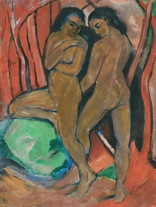 Två nakna flickor stående med en grön sten - Franz Marc