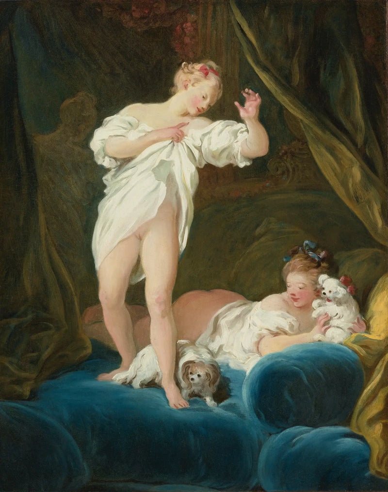 Två flickor på en säng som leker med sina hundar - Jean-Honoré Fragonard